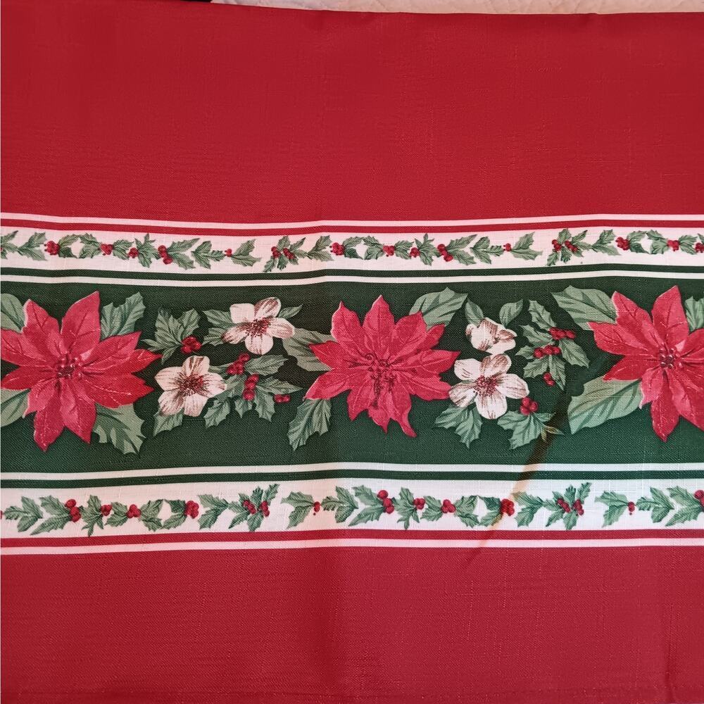 EUC Christmas Tablecloth Red Poinsettias Along Bottom 84X60